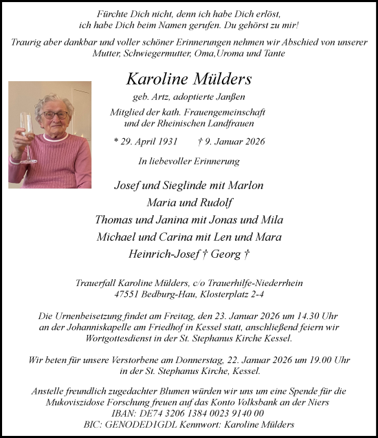 Traueranzeige von Karoline Mülders von NNA