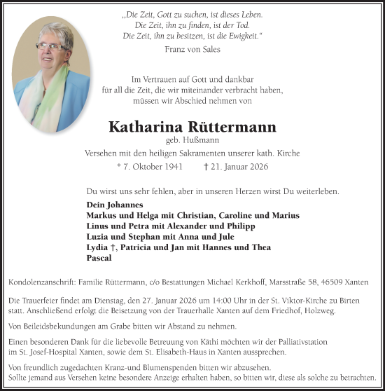 Traueranzeige von Katharina Rüttermann von NNA
