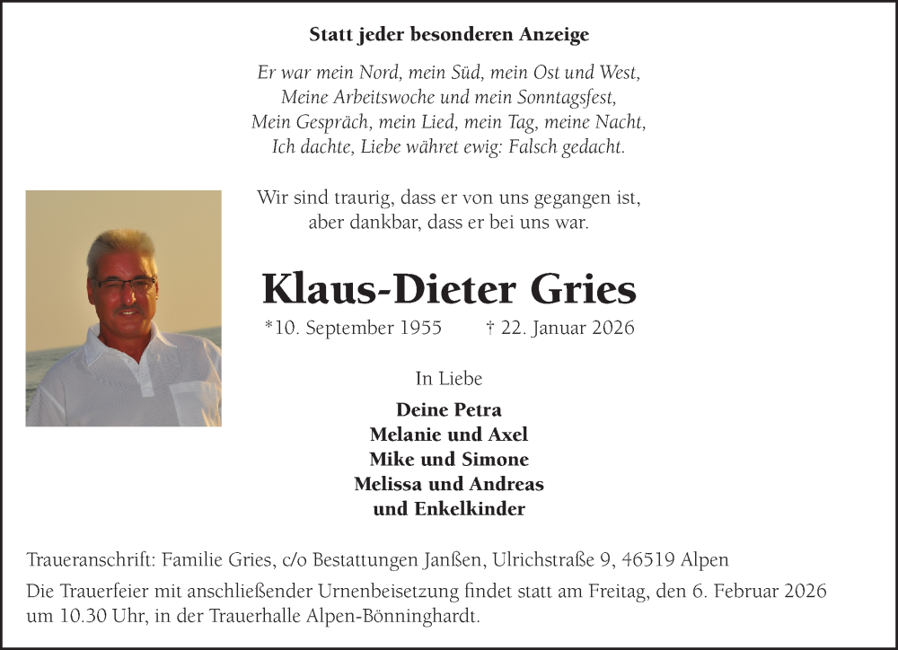  Traueranzeige für Klaus-Dieter Gries vom 31.01.2026 aus NNA