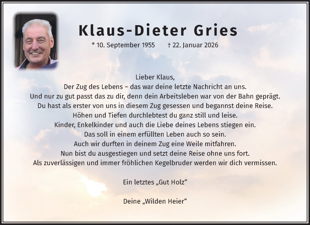  Traueranzeige für Klaus-Dieter Gries vom 31.01.2026 aus NNA
