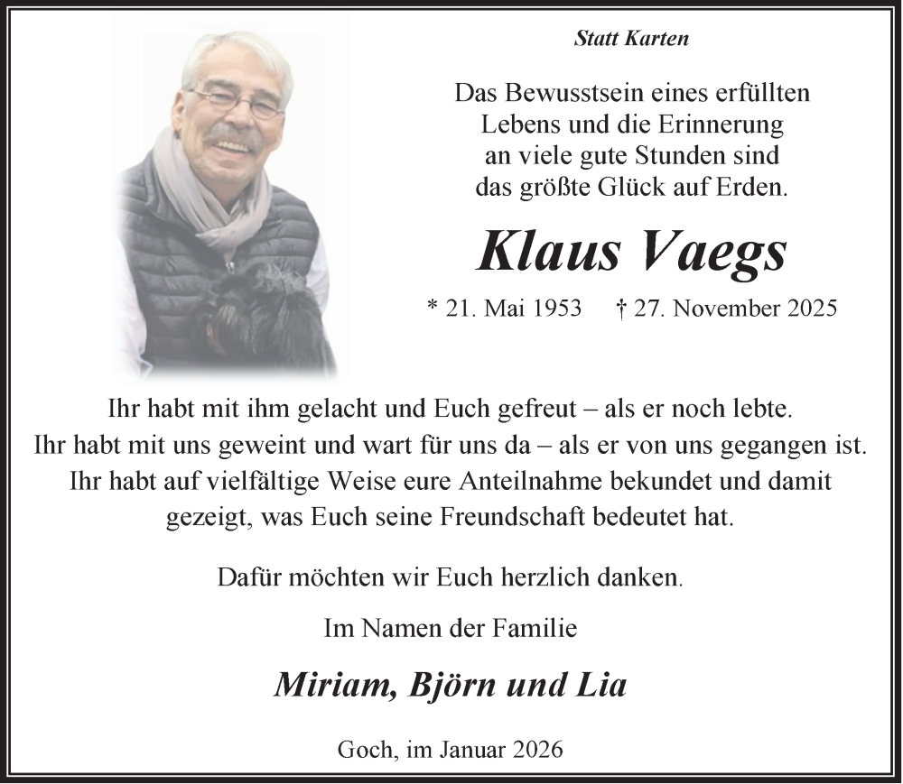  Traueranzeige für Klaus Vaegs vom 24.01.2026 aus NNA