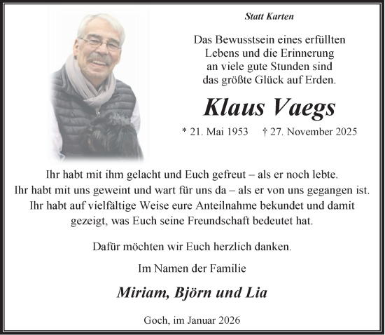 Traueranzeige von Klaus Vaegs von NNA
