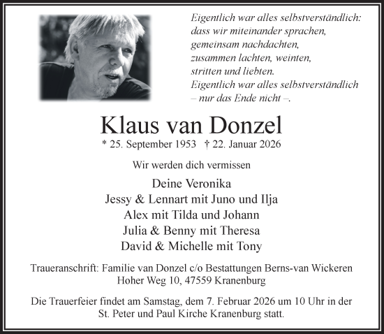Traueranzeige von Klaus van Donzel von NNA