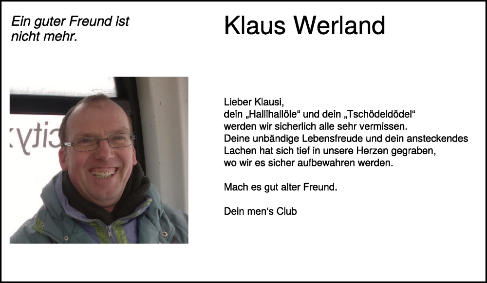  Traueranzeige für Klaus Werland vom 10.01.2026 aus NNA