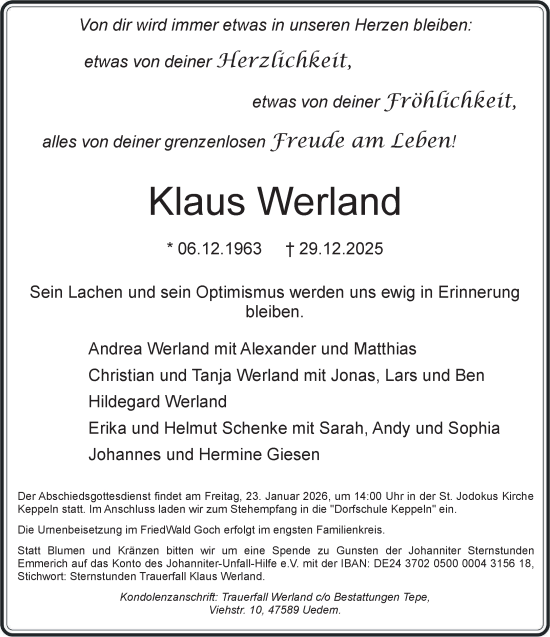 Traueranzeige von Klaus Werland von NNA
