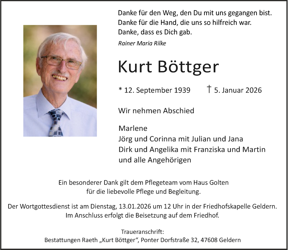  Traueranzeige für Kurt Böttger vom 10.01.2026 aus NNA