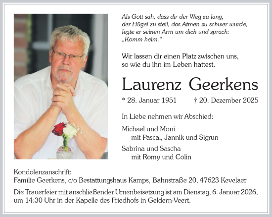 Traueranzeige von Laurenz Geerkens von NNA