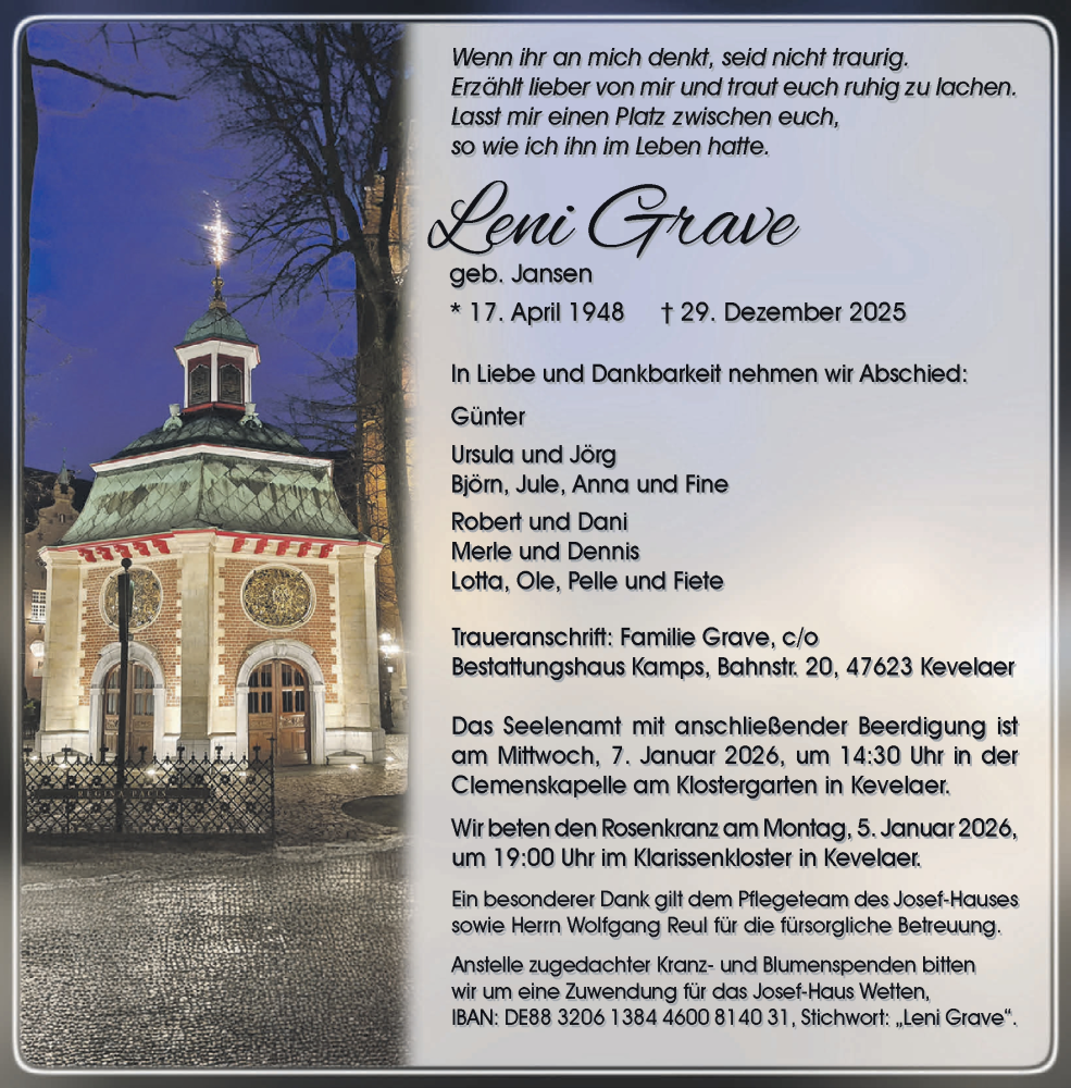  Traueranzeige für Leni Grave vom 03.01.2026 aus NNA