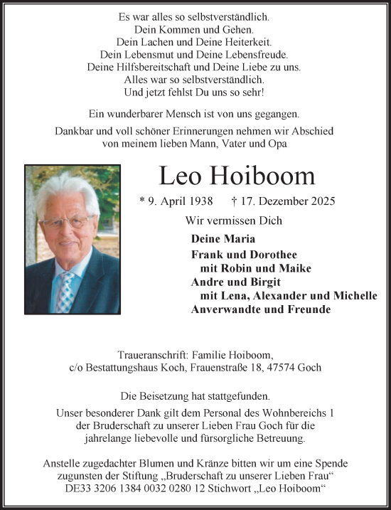 Traueranzeige von Leo Hoiboom von NNA