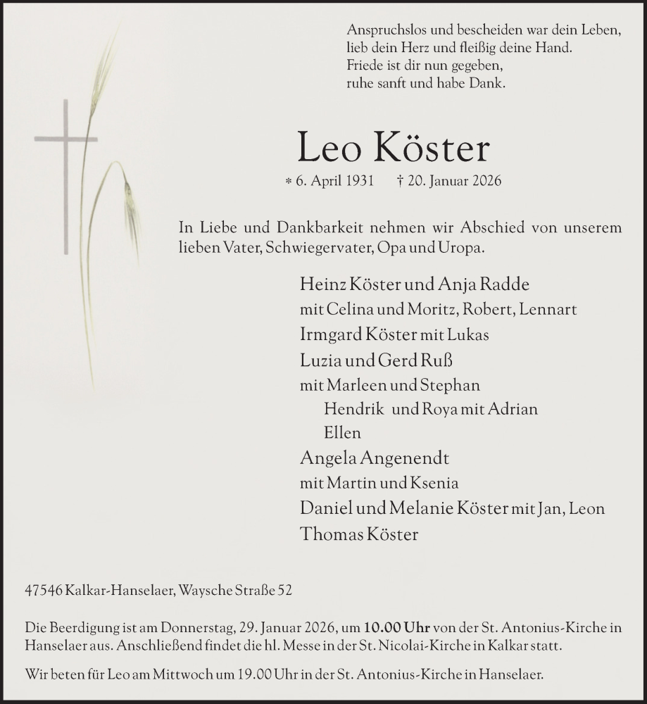  Traueranzeige für Leo Köster vom 24.01.2026 aus NNA
