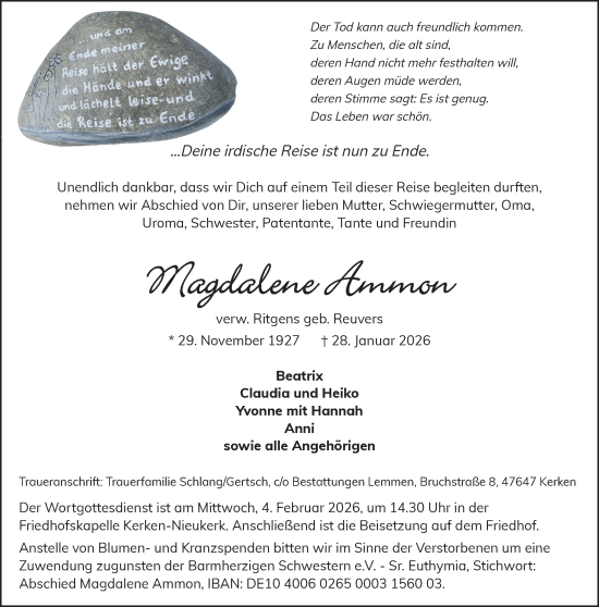 Traueranzeige von Magdalene Ammon von NNA