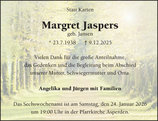 Traueranzeige von Margret Jaspers von NNA