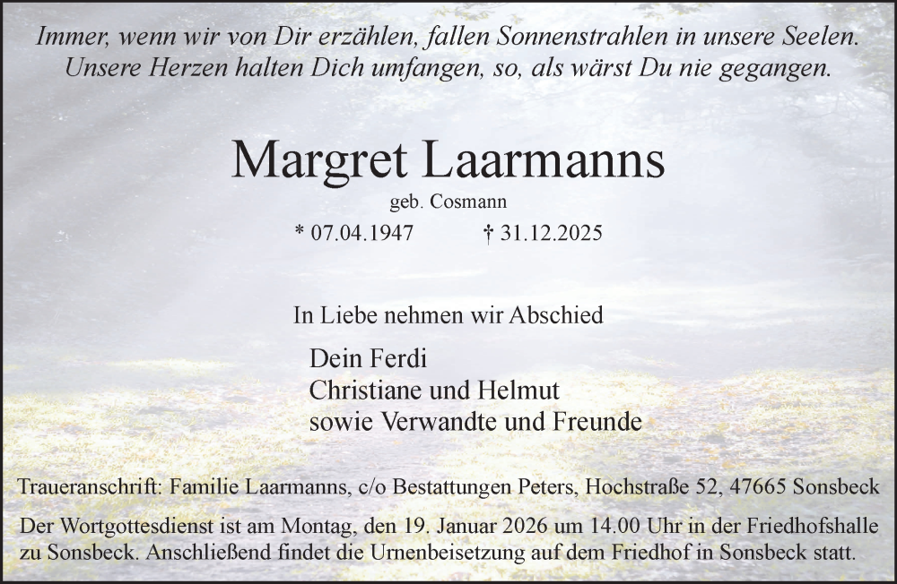  Traueranzeige für Margret Laarmanns vom 10.01.2026 aus NNA