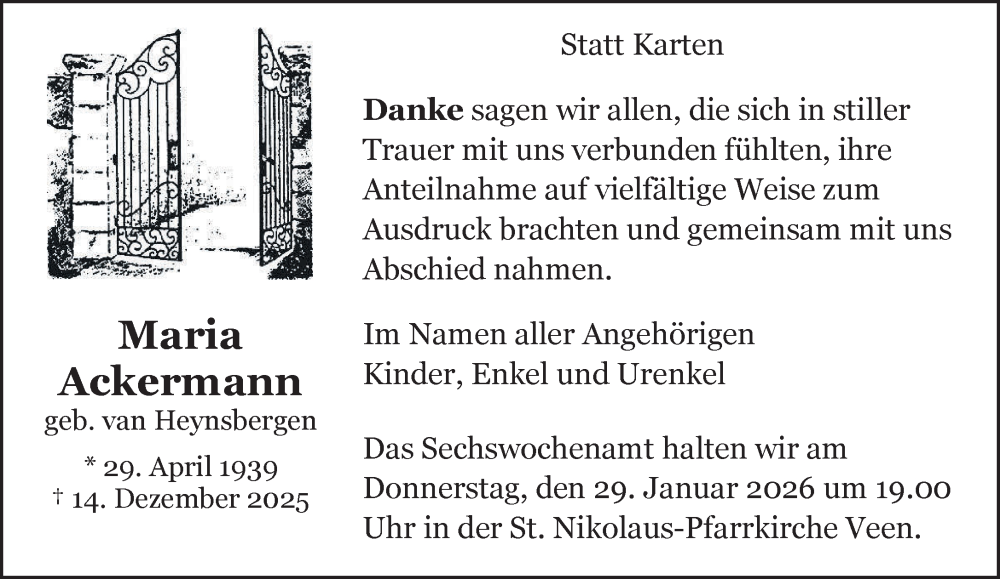  Traueranzeige für Maria Ackermann vom 24.01.2026 aus NNA
