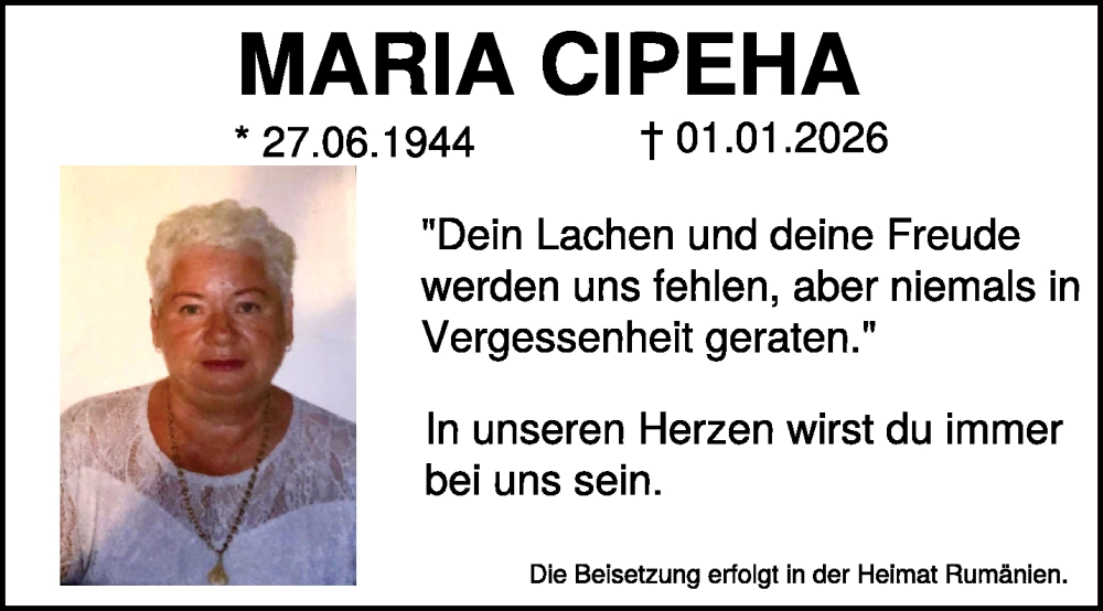  Traueranzeige für Maria Cipeha vom 10.01.2026 aus NNA