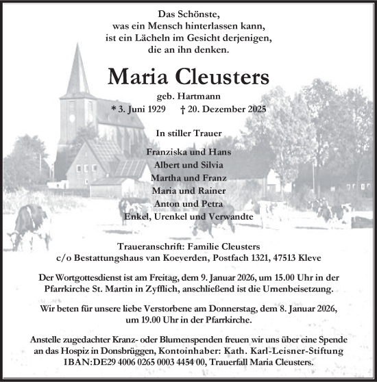 Traueranzeige von Maria Cleusters von NNA