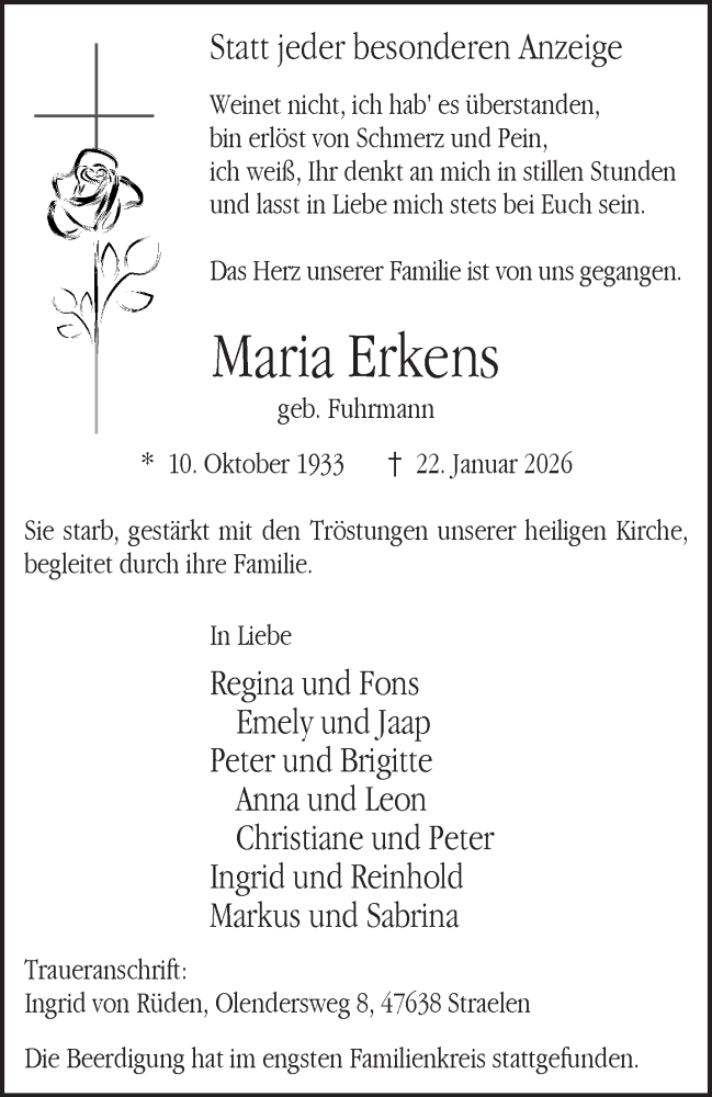  Traueranzeige für Maria Erkens vom 31.01.2026 aus NNA