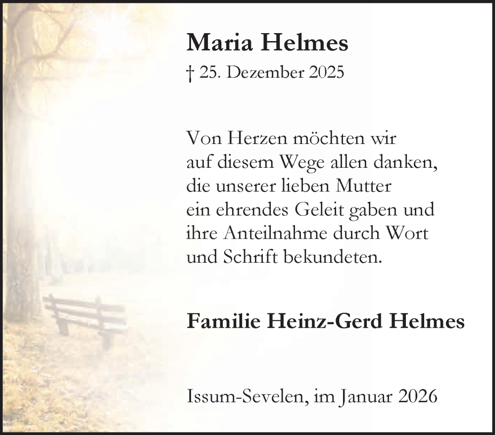  Traueranzeige für Maria Helmes vom 17.01.2026 aus NNA