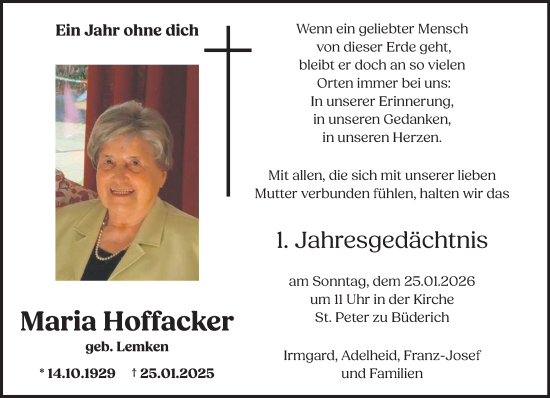 Traueranzeige von Maria Hoffacker von NNA