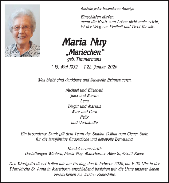 Traueranzeige von Maria Nuy von NNA