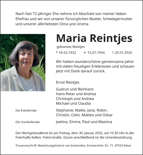 Traueranzeige von Maria Reintjes von NNA