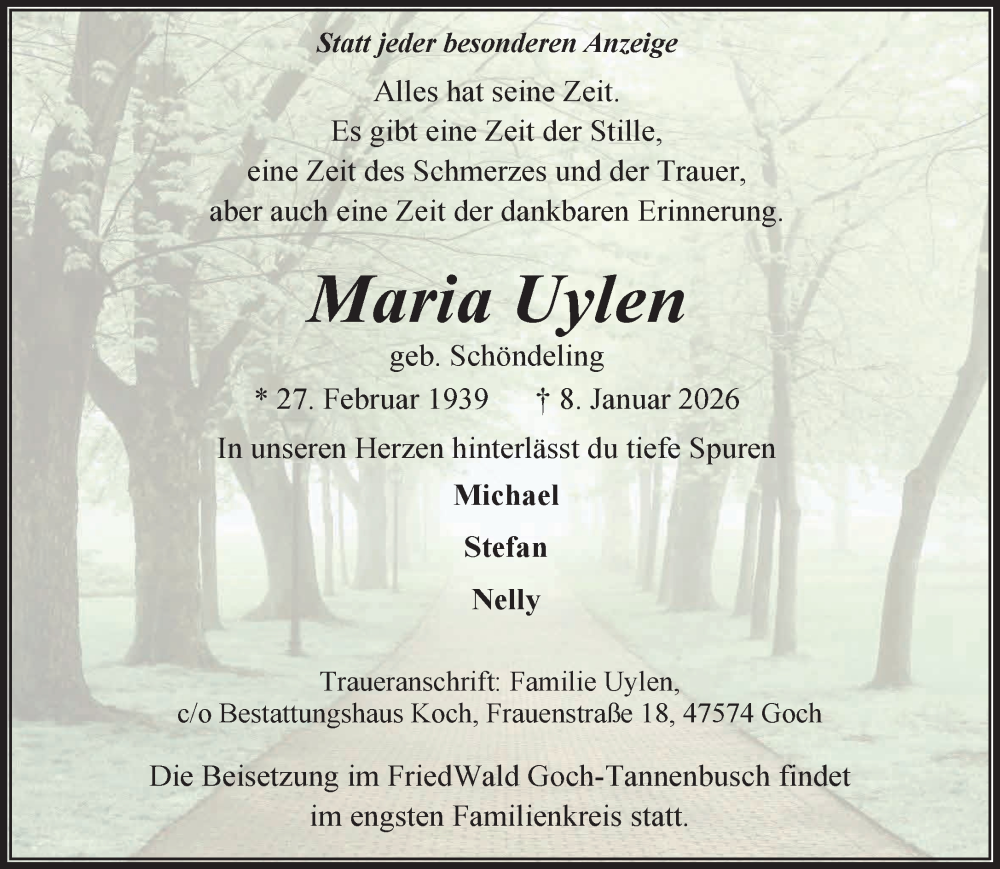  Traueranzeige für Maria Uylen vom 24.01.2026 aus NNA