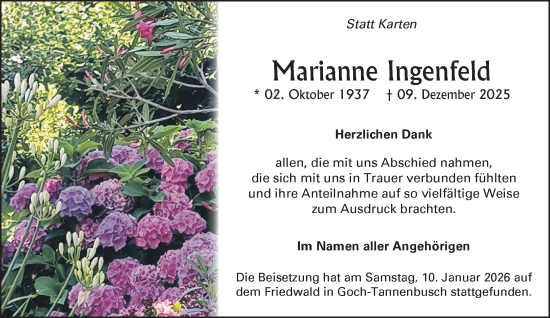 Traueranzeige von Marianne Ingenfeld von NNA