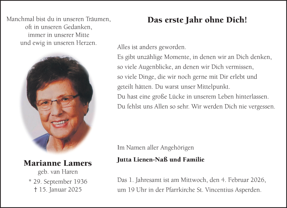  Traueranzeige für Marianne Lamers vom 31.01.2026 aus NNA