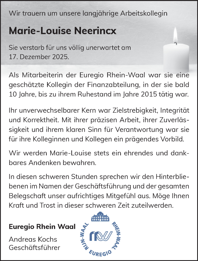  Traueranzeige für Marie-Louise Neerincx vom 03.01.2026 aus NNA