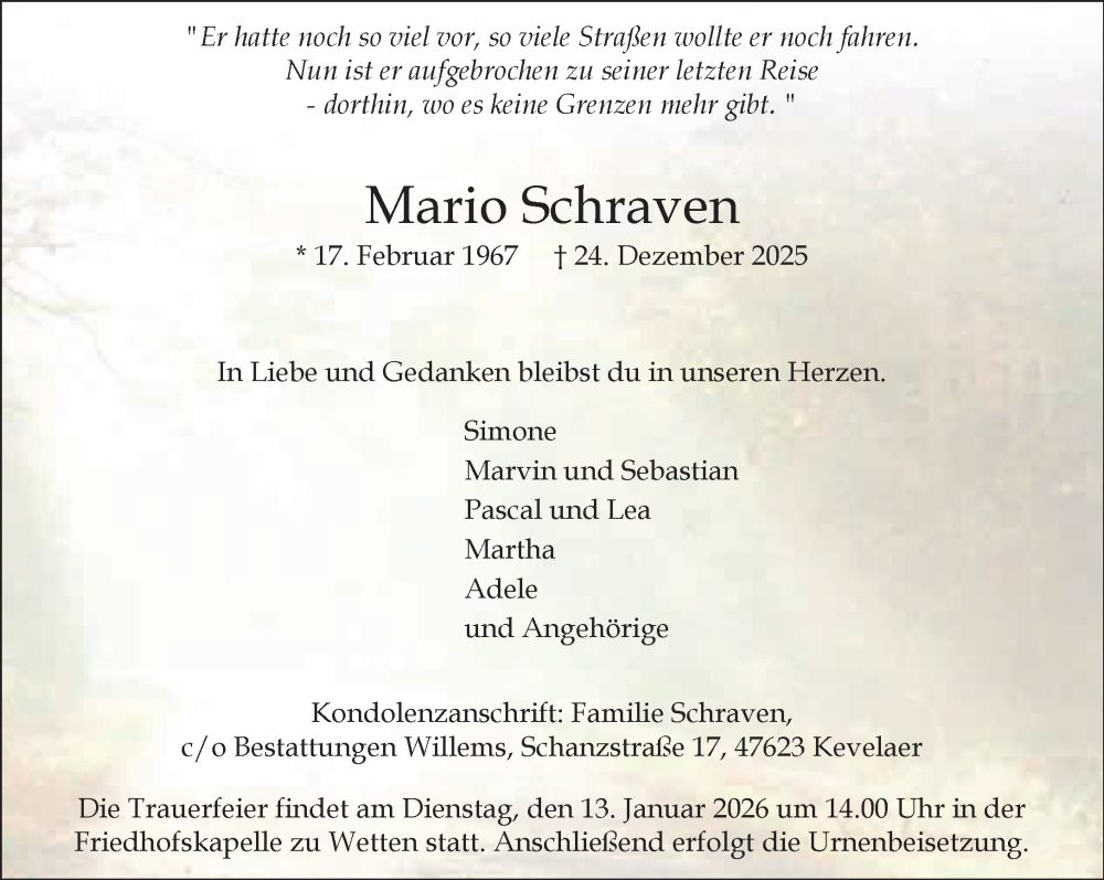 Traueranzeige für Mario Schraven vom 10.01.2026 aus NNA