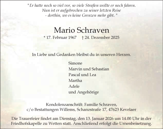 Traueranzeige von Mario Schraven von NNA