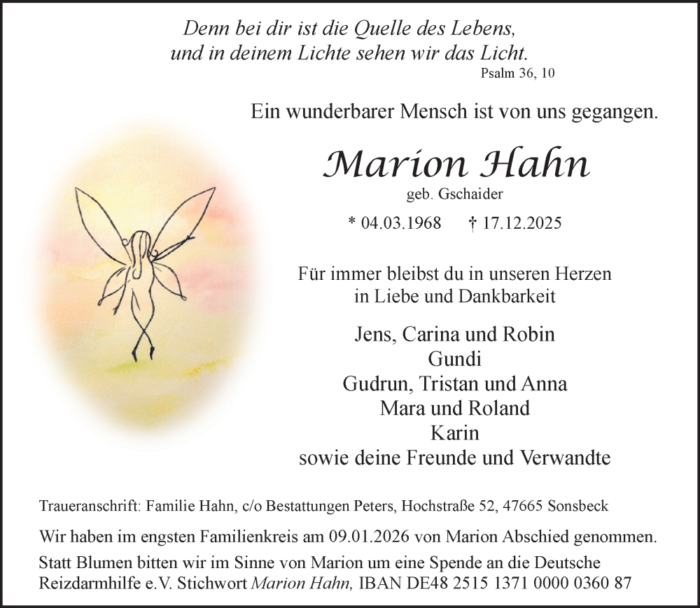  Traueranzeige für Marion Hahn vom 10.01.2026 aus NNA