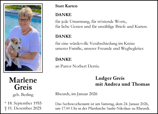 Traueranzeige von Marlene Greis von NNA