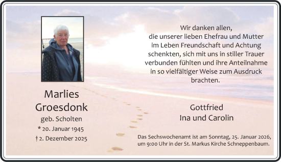 Traueranzeige von Marlies Groesdonk von NNA