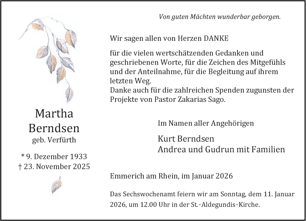  Traueranzeige für Martha Berndsen vom 03.01.2026 aus NNA