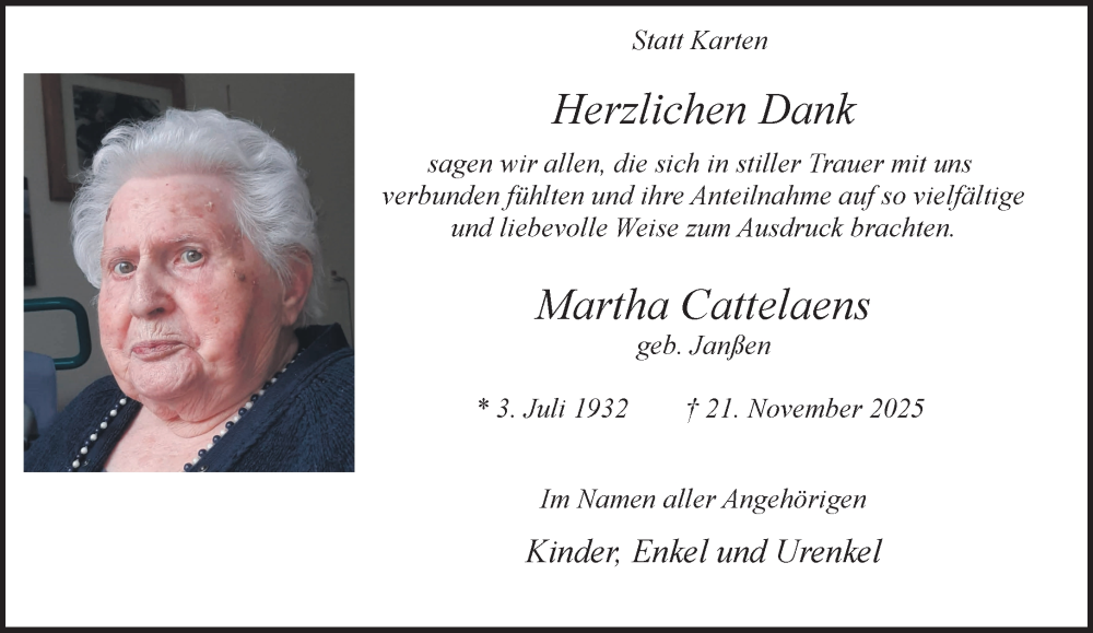  Traueranzeige für Martha Cattelaens vom 10.01.2026 aus NNA
