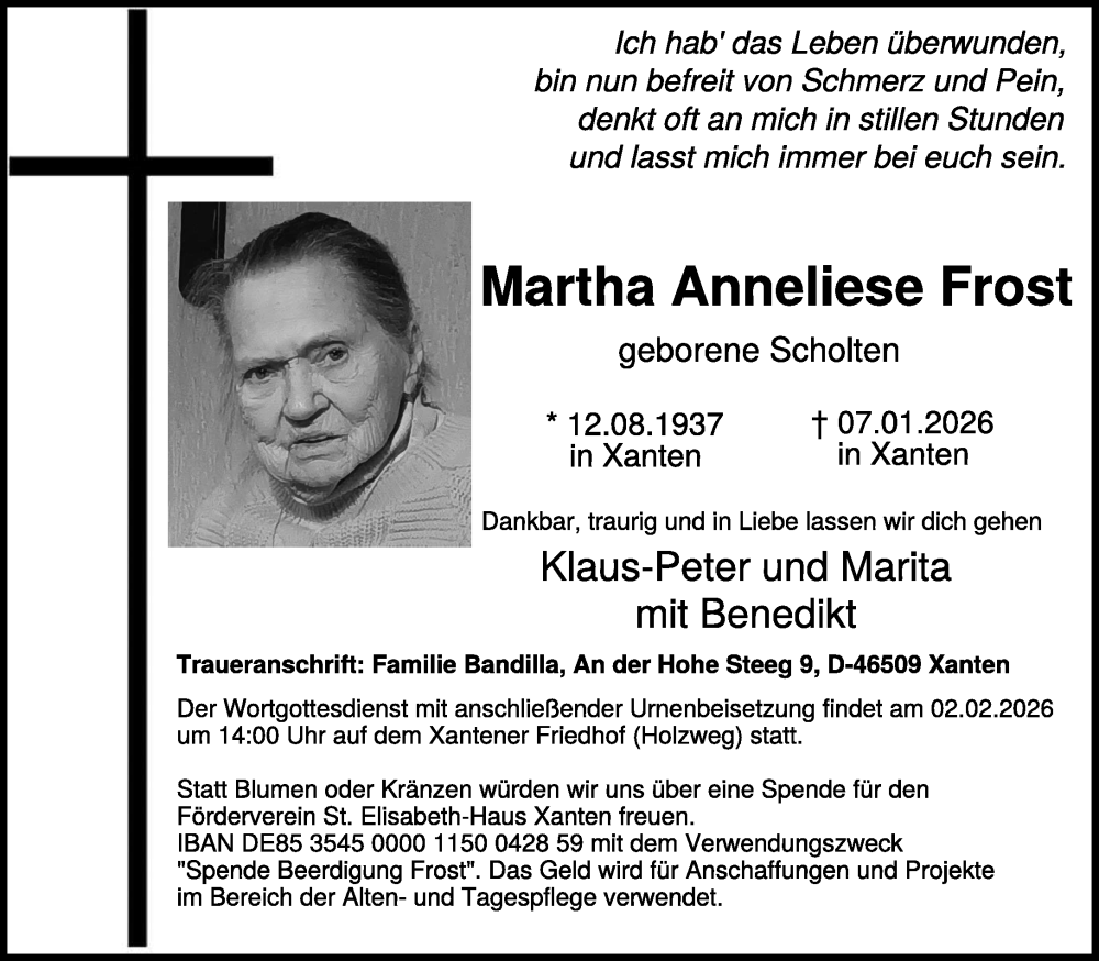  Traueranzeige für Martha Anneliese Frost vom 24.01.2026 aus NNA