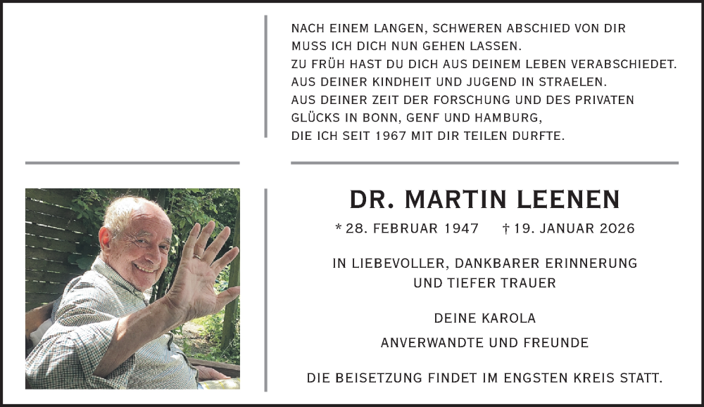  Traueranzeige für Martin Leenen vom 24.01.2026 aus NNA