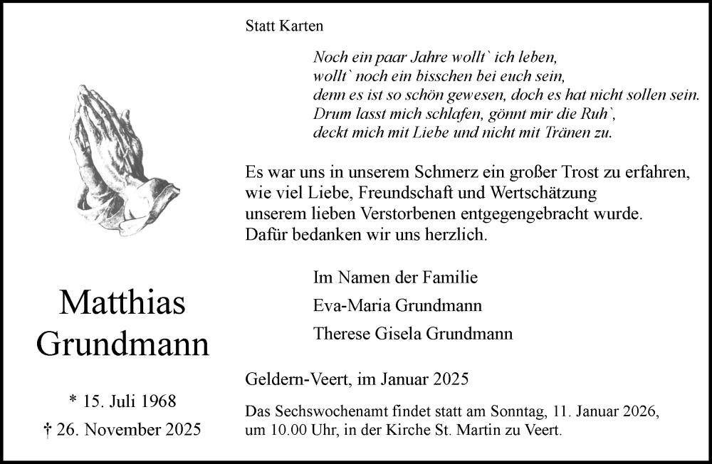  Traueranzeige für Matthias Grundmann vom 03.01.2026 aus NNA