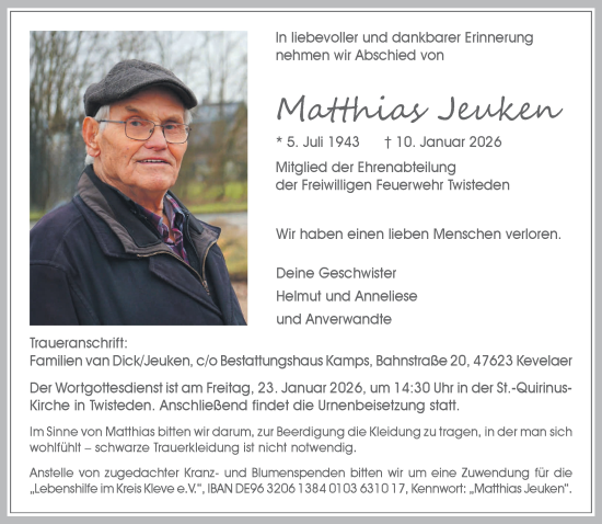 Traueranzeige von Matthias Jeuken von NNA
