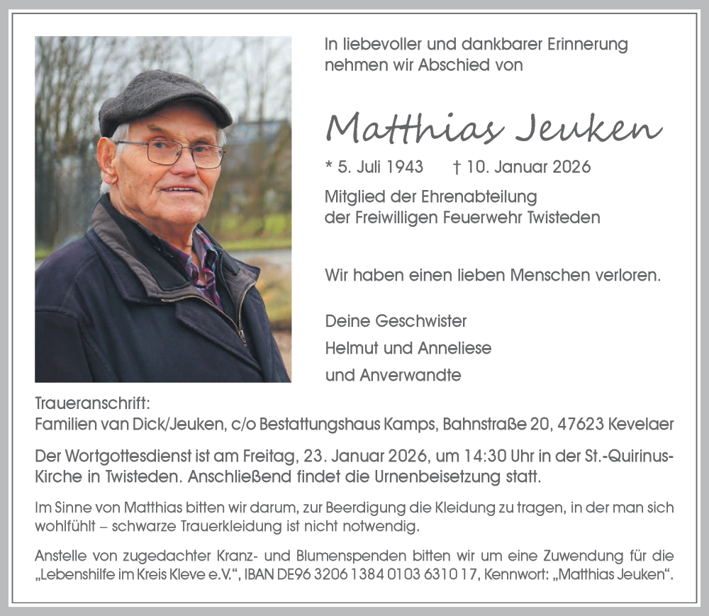  Traueranzeige für Matthias Jeuken vom 17.01.2026 aus NNA