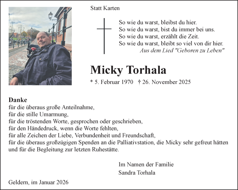  Traueranzeige für Micky Torhala vom 17.01.2026 aus NNA
