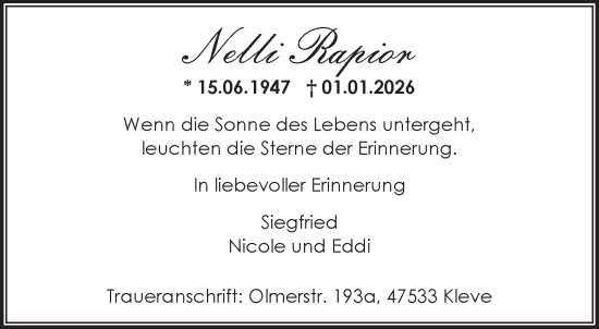 Traueranzeige von Nelli Rapior von NNA