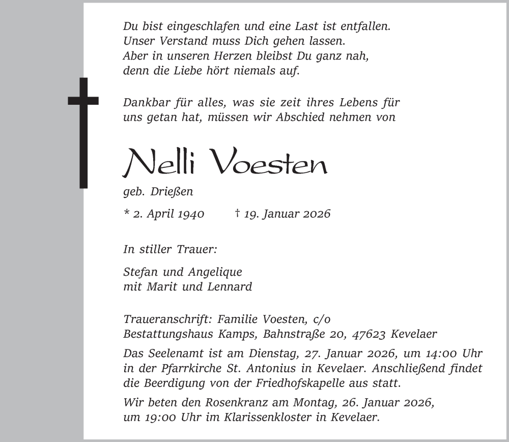  Traueranzeige für Nelli Voesten vom 24.01.2026 aus NNA