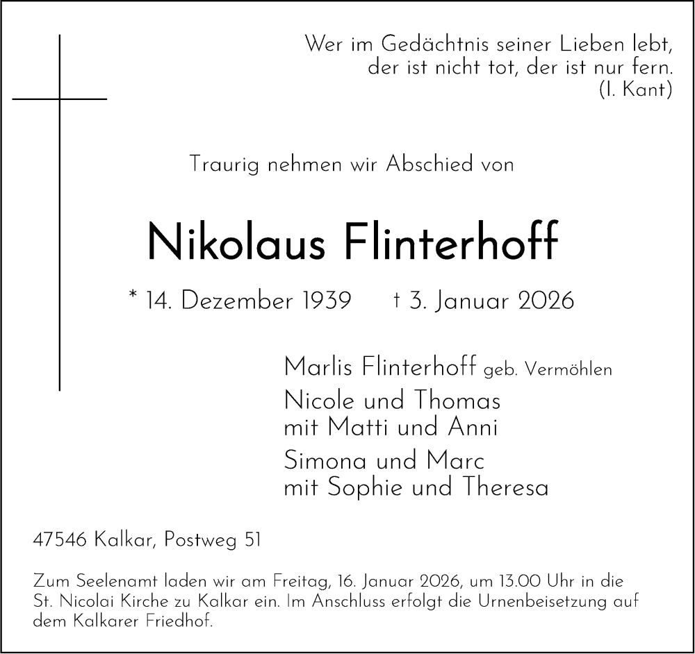  Traueranzeige für Nikolaus Flinterhoff vom 10.01.2026 aus NNA