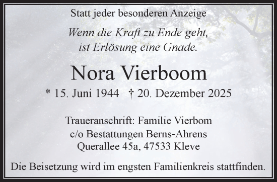 Traueranzeige von Nora Vierboom von NNA