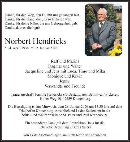 Traueranzeige von Norbert Hendricks von NNA