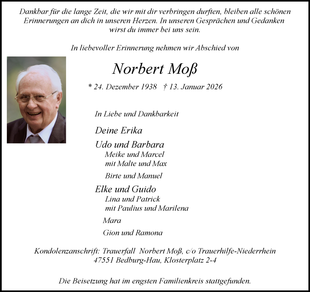  Traueranzeige für Norbert Moß vom 31.01.2026 aus NNA