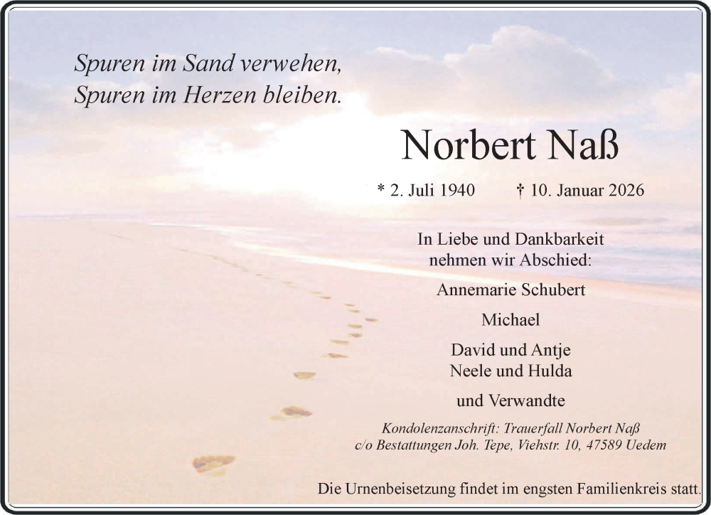  Traueranzeige für Norbert Naß vom 17.01.2026 aus NNA