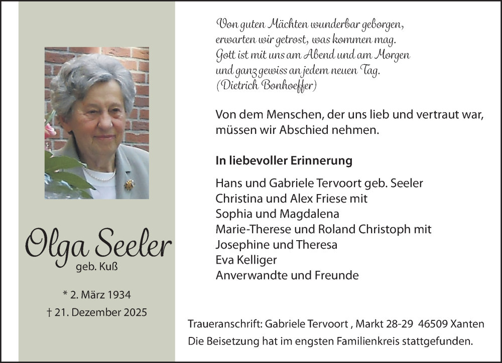  Traueranzeige für Olga Seeler vom 03.01.2026 aus NNA
